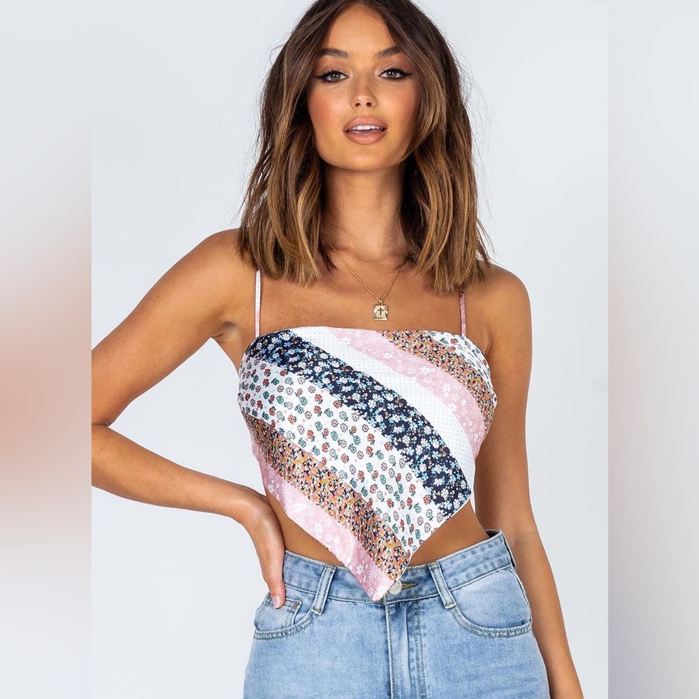 Princess Polly Chelina Bandana Multi Floral Pattern Satin Scarf Top Crop Tank 4